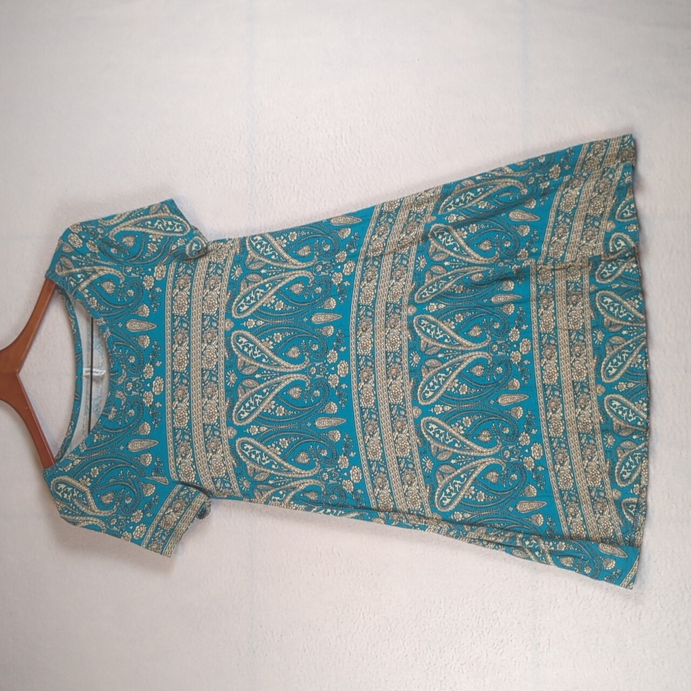 Popyoung Turquoise Paisley Patterned Boho Short Sleeve Dress S‎